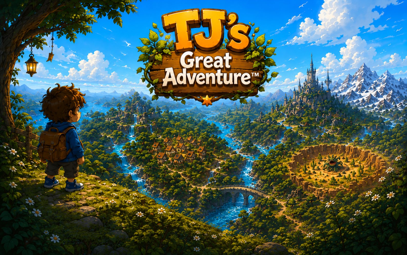 TJ, a small boy with a backpack, looks out from under a tree over a vast land of jungles, waterfalls, a village, a castle and snowy mountains.