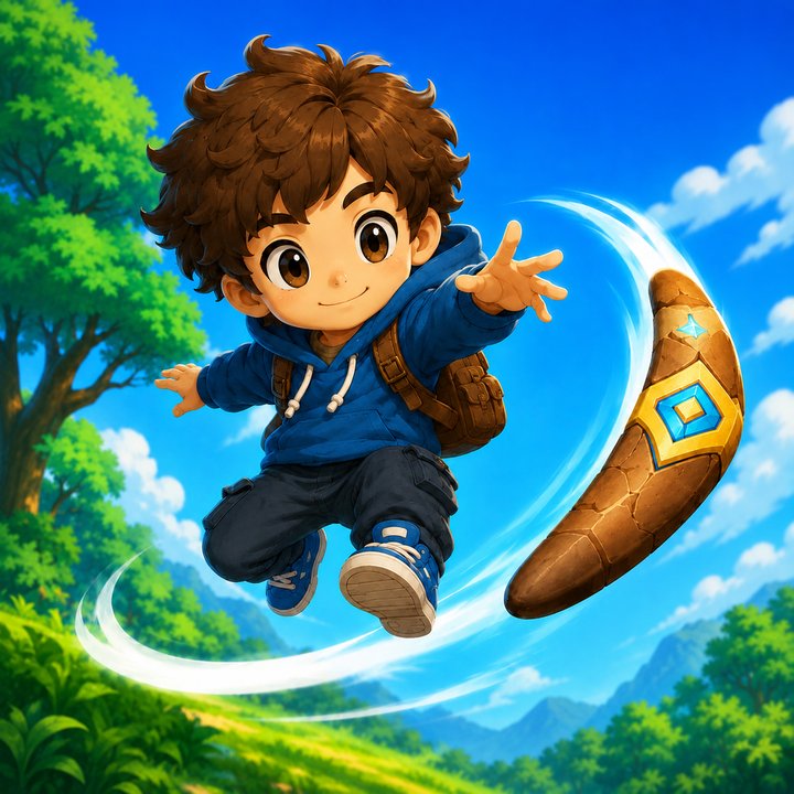 TJ leaping through the air as his boomerang curves back toward him.